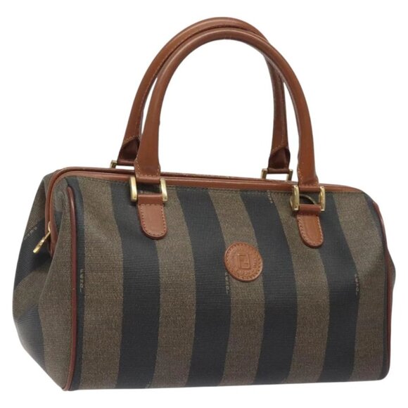 FENDI Pecan Canvas Hand Bag Brown Black gold Auth yk18138 - Picture 1 of 15